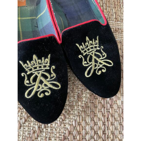 Joe Fresh black Velvet Monogram Driving Slippers with red trim SZ 8 flats - Picture 2 of 7